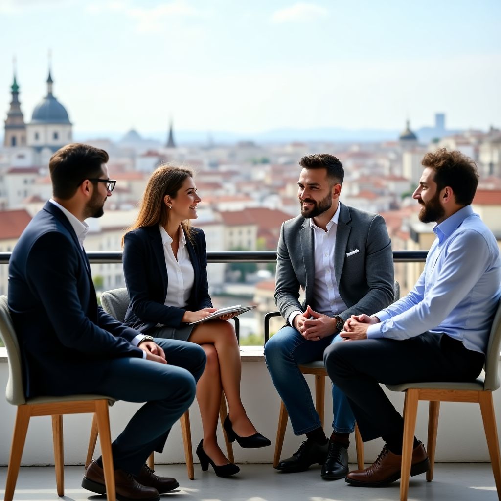 Equipo de dirección en la terraza de oficinas